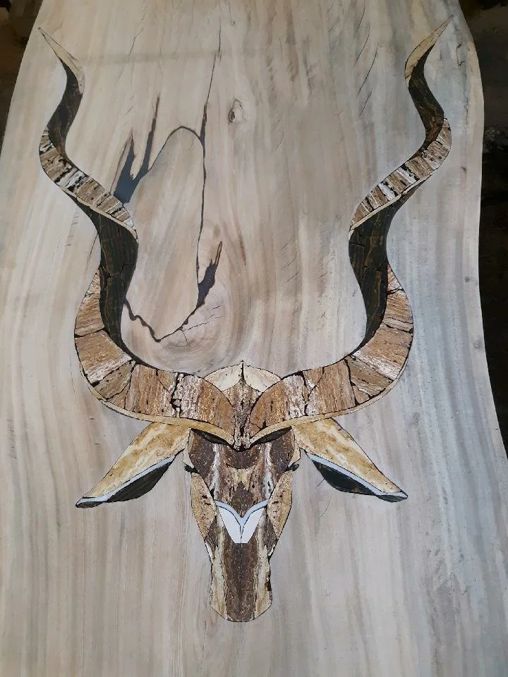 Custom Trophy Room Furniture — Stone Inlays, Hides & Live Edge